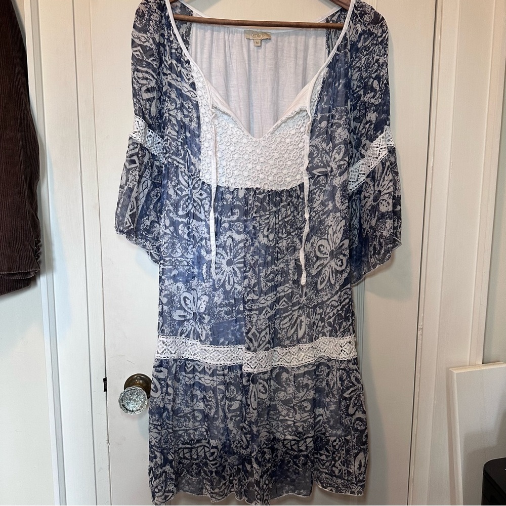 Ambra Blue & White Silk Dress with Lace /Tie Detail, Flowy, Floral Made in Italy